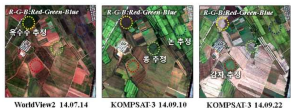 강남 지역 Landsat 시계열 영상자료를 이용한 작물별 특성 예시