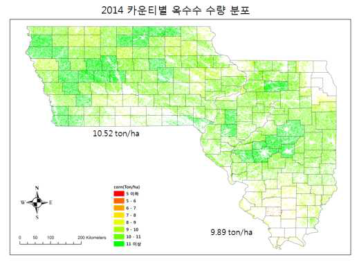 아이오와주․일리노이주 2014 카운티별 옥수수 수량 분포