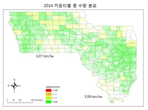 아이오와주․일리노이주 2014 카운티별 콩 수량 분포