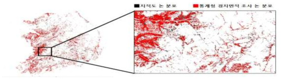 지적도 논 및 통계청 경지모집단 논 분포 차이 (지적도 논 면적 : 1,167천ha, 통계청 경지모집단 논 면적 : 853천ha)