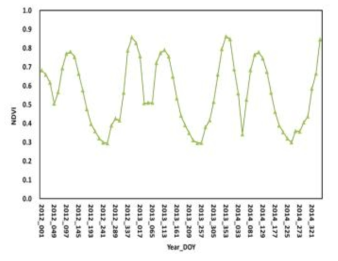 브라질 마토그로소 주의 콩-옥수수 2모작 지대의 NDVI 시계열 변화(2012~2014)