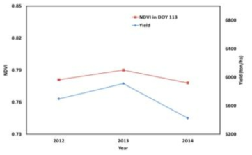 브라질 마토그로소 주의 콩-옥수수 2모작 지대의 옥수수 수량 및 NDVI(DOY 113) 변동 비교