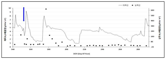 보정 전 콩 밭의 표준시비구 아산화질소 실측 배출량과 예측 배출량 비교 (2014년)