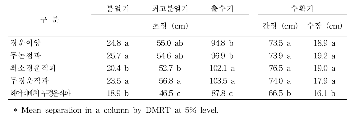 생육시기별 벼 초장, 간장, 수장 (2015)