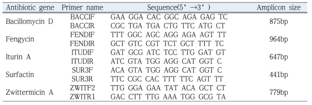 항생물질 생합성 유전자 검출에 사용한 프라이머 정보