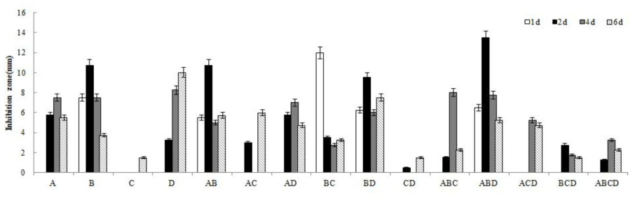 유용미생물 4균주 조합 배양액 및 시간별 인삼뿌리썩음병원균 C. destructans 균사 생장억제력 검정. A: B. amyloliquefaciens AK-0. B: Bacillus sp. YGB6, C: E. amnigenus GB3-5, D: P. polymyxa YGB88