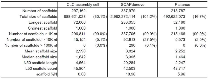 Comparison of statistics of genome assembled by three assemblers
