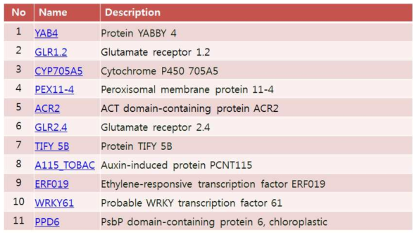 과실, 잎, 화기, 뿌리 중 잎에서만 특이적으로 발현하는 유전자 목록
