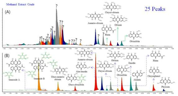 (A) 결명자씨 분말을 methanol로 추출된 HPLC, (B) Anthraquinone 표준물에 의한 16개의 anthraquinone 유도체의 구조 확인