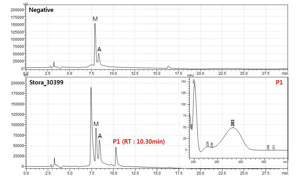 t.Sto_347910 효소에 의한 in vitro 반응 결과 (1시간 반응), (A) 효소없이 기질만 분석, (B) 기질과 효소와 반응후 분석 결과