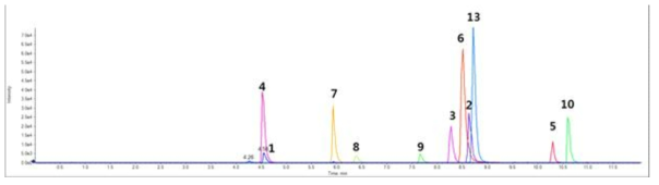 Anthraquinone 계열 표준물질 11종에 대한 XIC 결과 각 번호에 대한 정보는 표 15에서 확인 할 수 있다