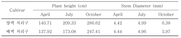 양액 처리구와 배액 (100% 재사용) 처리구의 초장과 경경