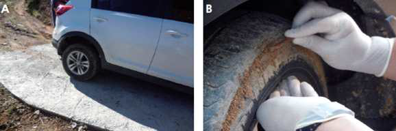 Survey of amount of soil from tire of sport utility vehicle (SUV) at Chinese cabbage harvest season in highland area, Korea