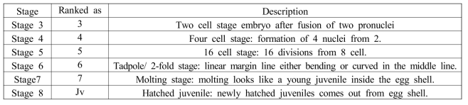 Different development stages of eggs during hatching followed by egg development test