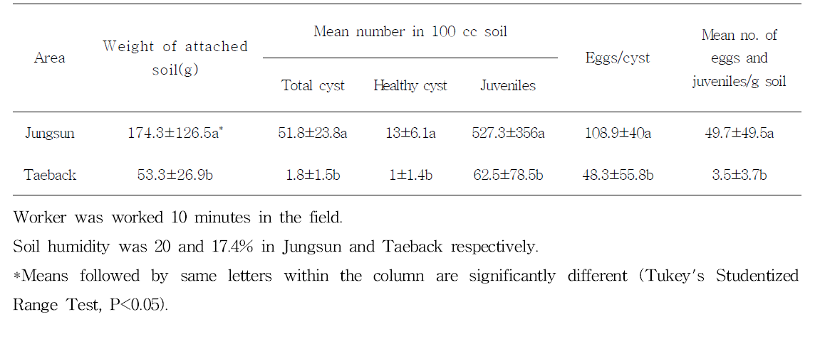 Amount of attached soil and density of sugarbeet cyst nematode, Heterodera schachtii in attached soil in rubber boots by worker in sugerbeet nematode infested Chinese cabbage field