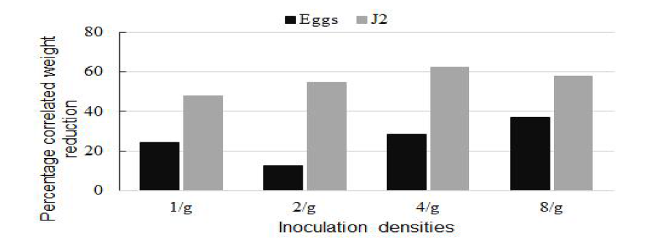 Percentage of correlated weight reduction of Chinese cabbage after inoculating with different inoculation densities of eggs and juveniles in potted Chinese cabbage at 25℃ incubator