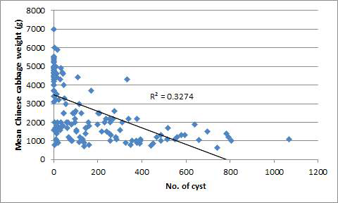 Relationship between the mean weight of Chinese cabbage and the number of cyst from jungsun. The cyst population were counted from extracting the roots of the collected Chinese cabbage