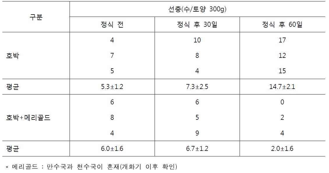 메리골드 사이 심기에 따른 호박 뿌리혹선충 개체수 감소효과