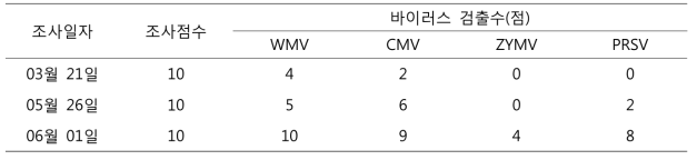 참외 유기재배지에서 바이러스 발생정도(2016년)