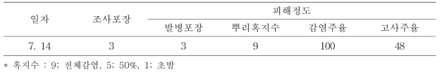 유기재배 포장에서 뿌리혹선충피해 정도(2016)