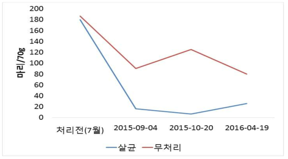 밀기울 처리에 의한 시기별 선충 밀도변화