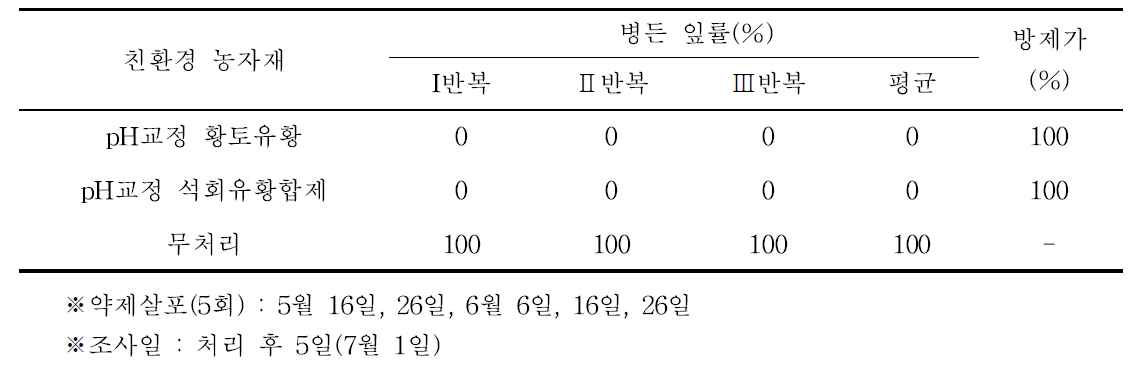 친환경 농자재를 이용한 멜론 흰가루병의 방제 효과 (7월 1일)