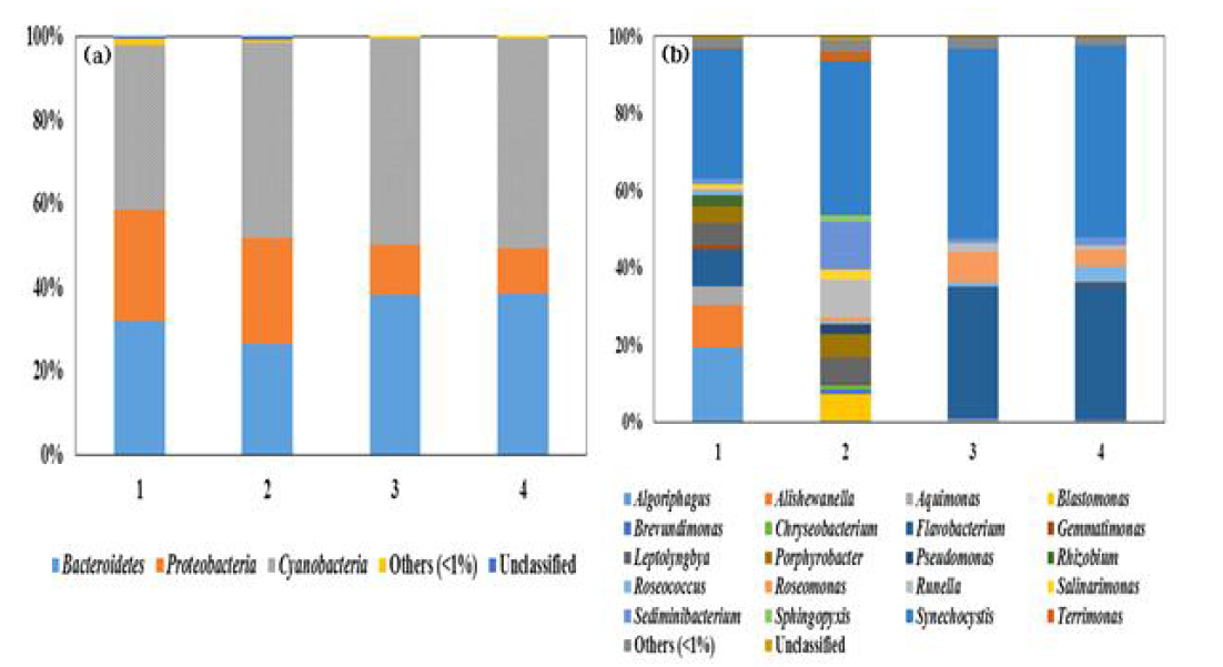 Taxonomic compositions of bacterial communities (a) at the phylum level, (b) at the genus level with a 97% sequence similarity threshold