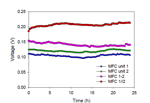 미생물연료전지 2개의 단위 셀(MFC unit 1, 2), 직렬연결(MFC 1-2)한 셀, 병렬연결(MFC 1//2)한 셀의 시간에 따른 전압 값 비교
