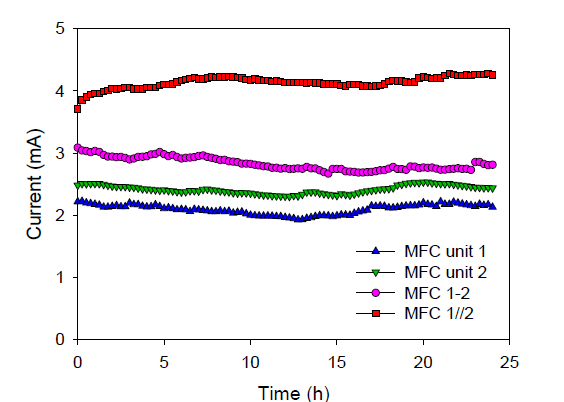 미생물연료전지 2개의 단위 셀(MFC unit 1, 2), 직렬연결(MFC 1-2)한 셀, 병렬연결(MFC 1//2)한 셀의 시간에 따른 전류 값 비교