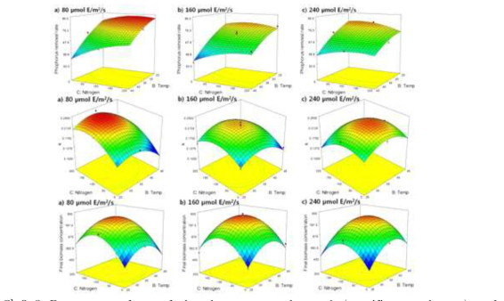 Response surfaces of phosphorus removal rate, k (specific growth rate), and final biomass concentration