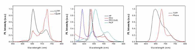 포르피린 계열 9종의 형과 스펙트럼