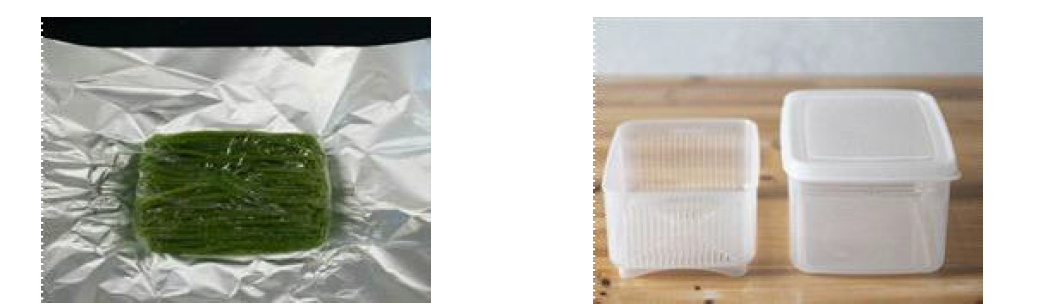냉동산채류(고구마순)의 급속해동기 이용을 위한 포장(좌) 및 용기설정(우)