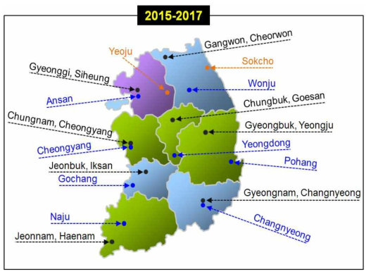 Production area of acacia honey(black letter), chestnut honey(blue letter) and linden honey(orange letter) collected from 2015 to 2017 year