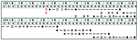 1회 경운 2년 4기작 재배 작형 작부체계도 ※ ◉ : 종자 파종, ♣ : 모종 정식, ═ : 재배기간, ◈ : 수확