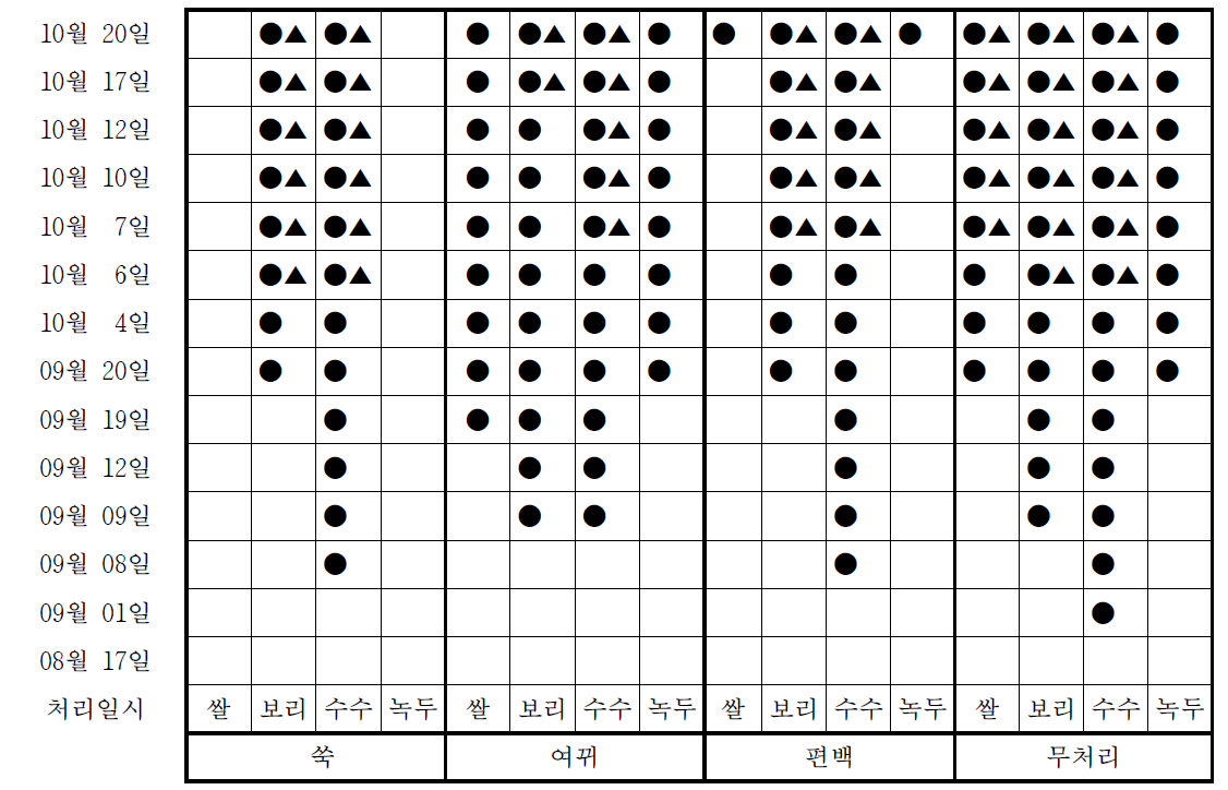 저곡해충 발생 상황(용기 용적 : 1,500ml, 작물 : 500g, 방지제 : 4g) ● : 개방형 저곡해충 발생, ▲ : 초기 밀폐, 9월 19일 개방 후 저곡해충 발생
