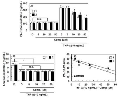 분리된 화합물들의 PAI-1 및 t-PA 분비에 대한 효과 확인