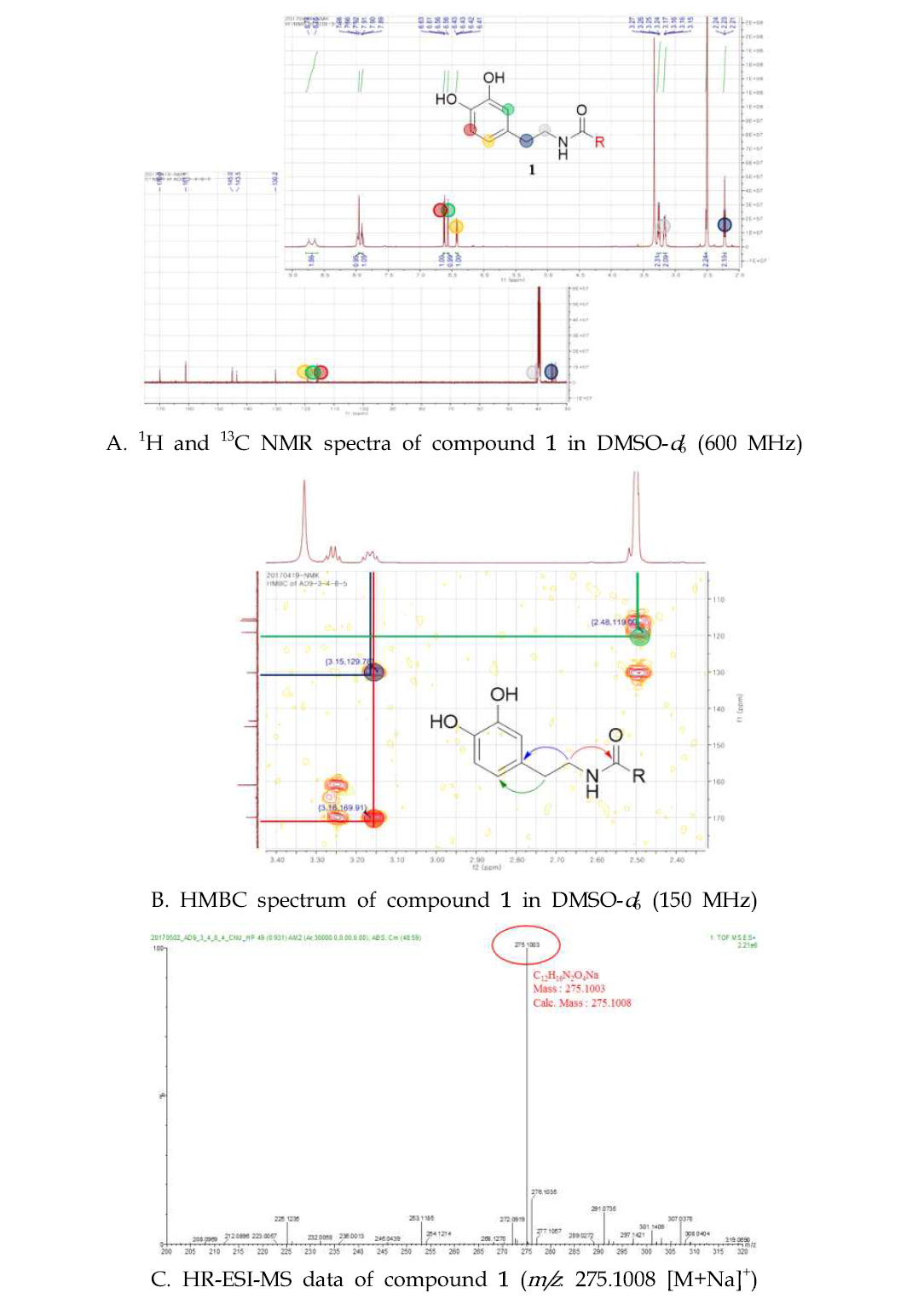 1D-, 2D-NMR 등 분광학적 방법을 통한 신규화합물 1 화학구조 분석 과정