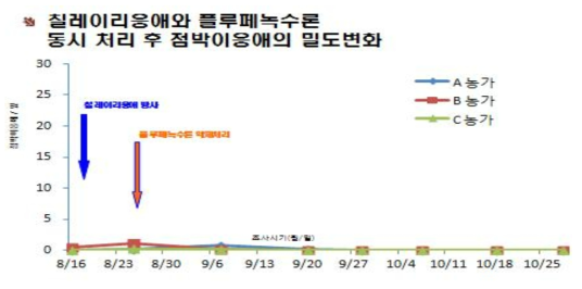 칠레이리응애 육묘상 처리와 플루페녹수론 약제 처리 후 점박이응애 밀도변화