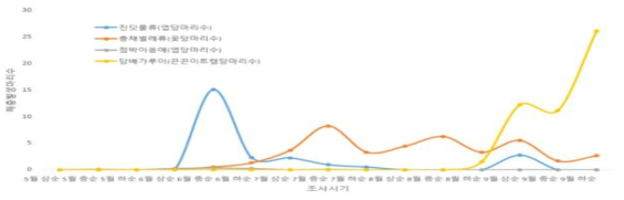 시설재배(관행재배) 고추에서 주요해충 발생시기 및 발생량(2015)