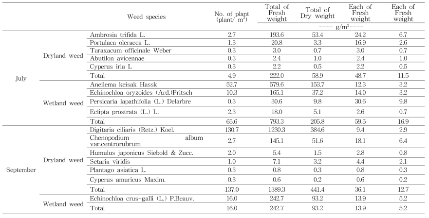 Population of weed species under organic weed control (2st year)