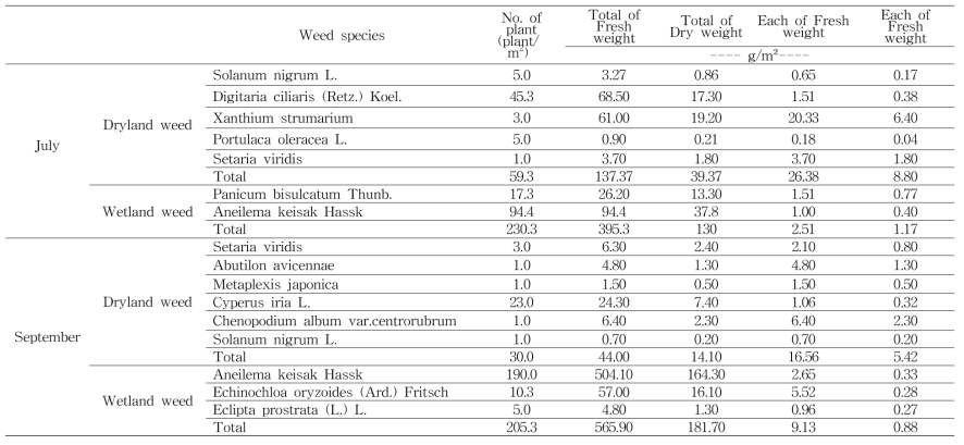 Population of weed species under organic weed control (3st year)