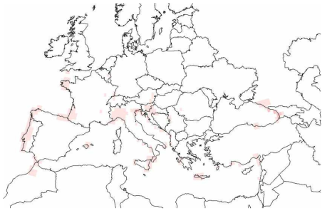 CLIMEX simulation에 의한 네눈쑥자나방 정착 적합지역 예측 결과 (유럽지역 확대)