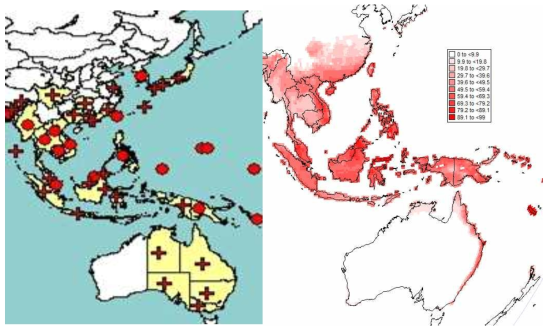 현재 보고된 귤굴나방의 아시아-오세아니아 지역 분포도 (좌측) 및 CLIMEX simulation에 의한 분포가능지역 예측 결과(우측)