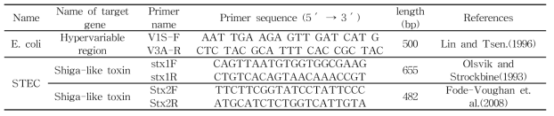 E. coli와 STEC의 PCR 증폭을 위해 사용된 primer 목록