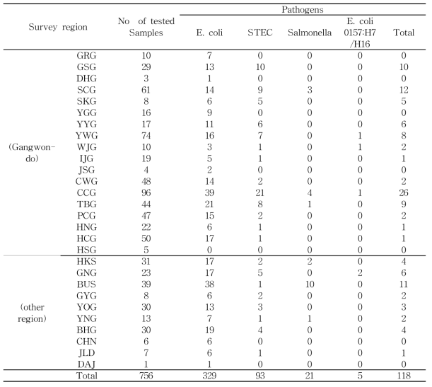 조사지역별 살모넬라, E. coli, STEC(Shiga toxin-producing E. coli)의 탐지현황