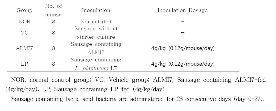 Groups of ICR mice model administered sausage containing lactic acid bacteria