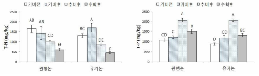 관행논과 유기논에서 시기에 따른 질소 및 인 함량 비교