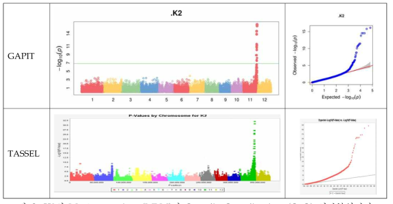 K2의 Manhattan plots (MLM)과 Quantile-Quantile plots (Q-Q) 연관분석결과