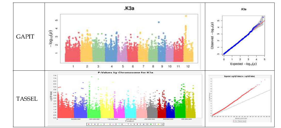 K3a의 Manhattan plots (MLM)과 Quantile-Quantile plots (Q-Q) 연관분석결과