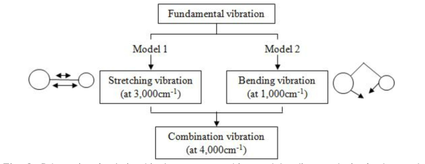 Schematic of relationship between stretching and bending mode in fundamental vibration